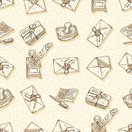 Writing Utensils. Seamless Vector Pattern with Envelopes, Ink Pens, Blotters and Inkstands on a Beige Backgroundのイラスト素材