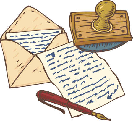 Writing Utensils. Open Envelope with Letter, Handwritten Page, Red Ink Pen and Wooden Ink Blotter. Isolated on a Whiteのイラスト素材