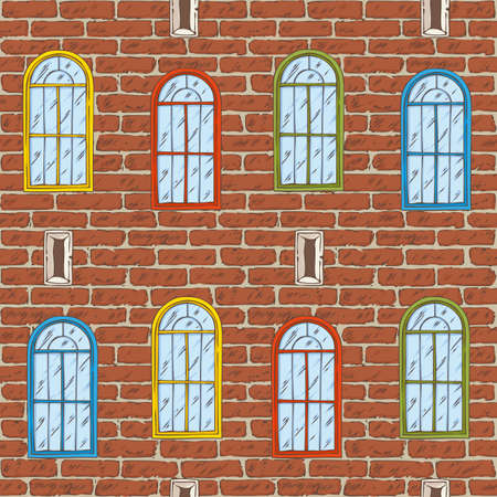 Seamless Vector Pattern. Brick Wall with Different Color Windows. Hand Drawn Illustrationのイラスト素材