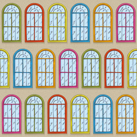 Seamless Vector Pattern. Beige Wall with Different Color Windows. Hand Drawn Illustrationのイラスト素材