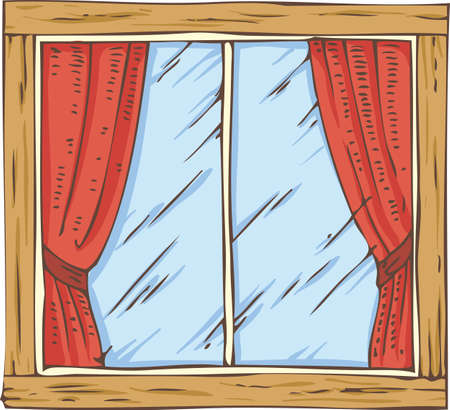 Wooden Window with Red Curtain. Hand Drawn Illustrationのイラスト素材