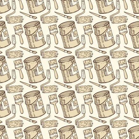 Seamless Vector Pattern with a Brown Paintbrushes, Roller Brushes and Paint Cans on a Beige Backgroundのイラスト素材
