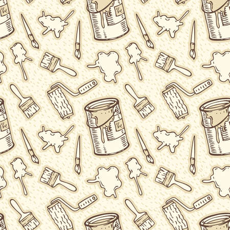 Seamless Vector Pattern with Brown Contours of a Paint Stains, Paintbrushes, Roller Brushes and Paint Cans on a Beige Backgroundのイラスト素材
