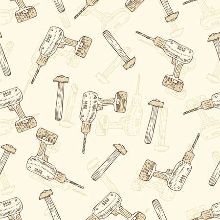 Seamless Vector Pattern with Brown Contours of Drills and Hammers on a Beige Backgroundのイラスト素材