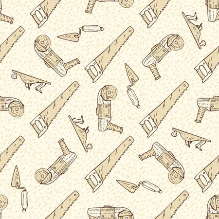 Seamless Vector Pattern with Brown Contours of Tools on a Beige Backgroundのイラスト素材