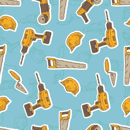 Seamless Vector Pattern with Tools for Repair and Fixing on a Blue Backgroundのイラスト素材