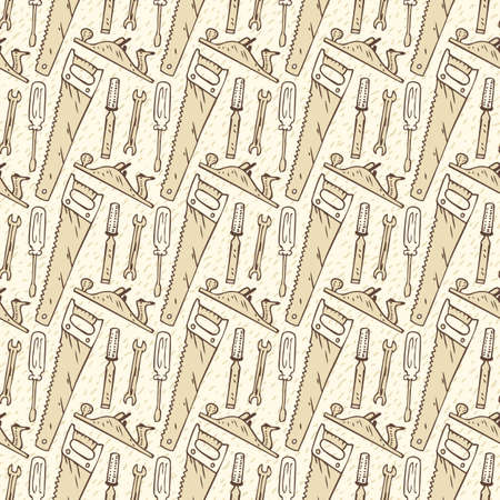 Seamless Vector Pattern with Brown Conyours of Tools for Woodworking on a Beige Background. Hand Drawn Illustration in Retro Styleのイラスト素材