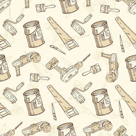 Seamless Vector Pattern with a Paintbrushes, Roller Brushes, Paint Cans and Tools for Repair and Fixing on a Beige Background. Hand Drawn Illustration in a Retro Styleのイラスト素材