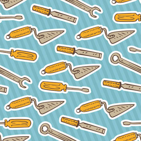 Seamless Vector Pattern with Tools for Repair and Fixing on a Blue Striped Backgroundのイラスト素材