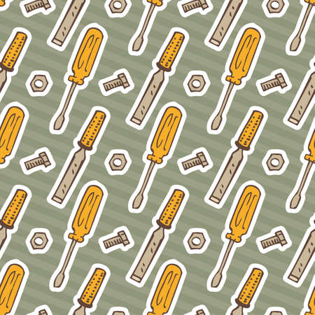 Seamless Vector Pattern with Tools for Repair and Fixing on a Gray Striped Backgroundのイラスト素材