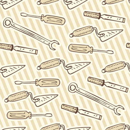 Seamless Vector Pattern with Brown Contours of Tools for Repair and Fixing on a Beige Striped Background. Hand Drawn Illustration on a Retro Styleのイラスト素材