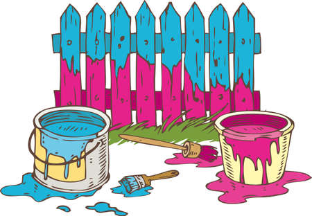 Blue and Pink Wooden Fence with Paintbrush, Tin Cans of Paint and Green Grass. Painting Process Isolated on a Whiteのイラスト素材