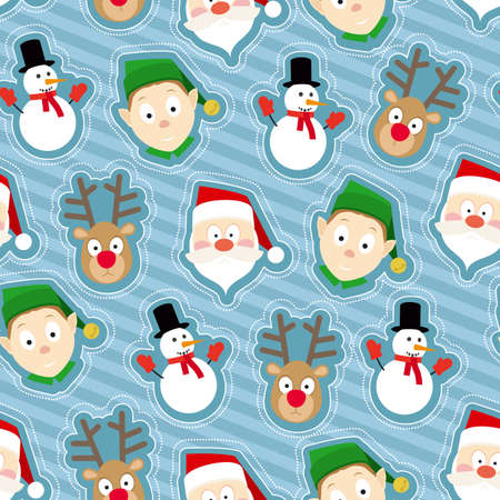 Christmas Seamless Pattern in Flat Style on Striped Light Blue Backgroundのイラスト素材