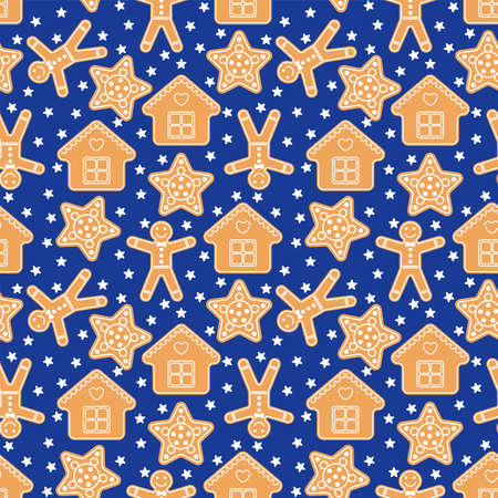 Seamless Vector Pattern with Gingerbread in Flat Style on a Dark Blue Backgroundのイラスト素材