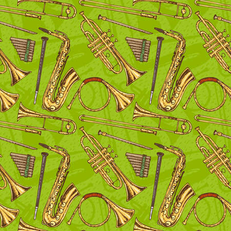 Seamless  Pattern With Wind Musical Instruments on a Green Backgroundのイラスト素材