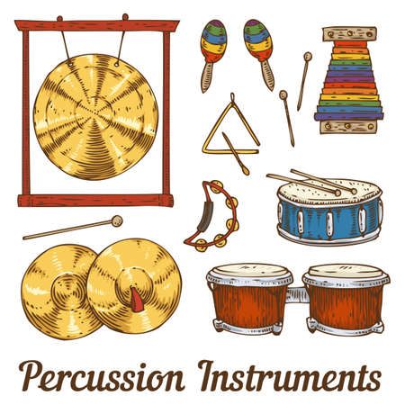 Collection of Percussion Musical Instruments. Isolated on a Whiteのイラスト素材