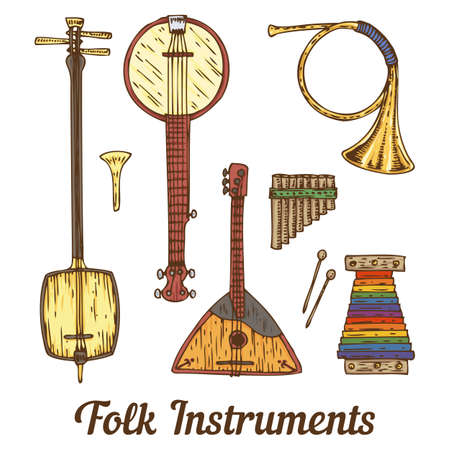 Collection of Folk Musical Instruments. Isolated on a Whiteのイラスト素材