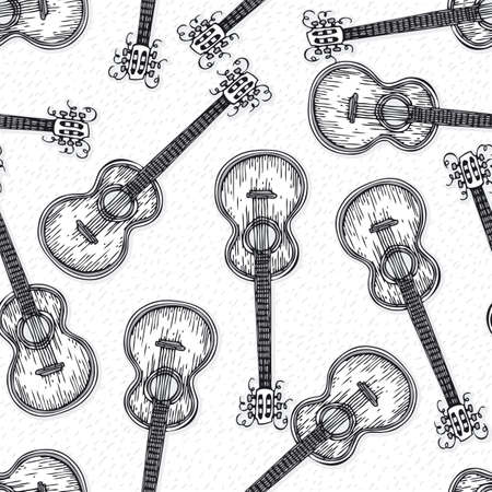 Black and White Seamless  Pattern with Wooden Acoustic Guitarのイラスト素材