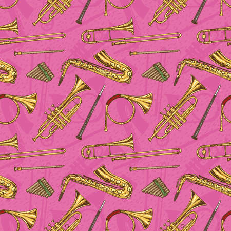 Seamless Pattern With Wind Musical Instruments on a Pink Backgroundのイラスト素材