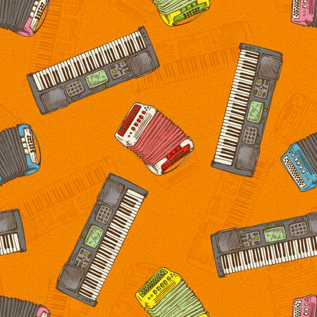 Seamless Vector Pattern woth Keyboard Musical Instrument on a Orange Backgroundのイラスト素材