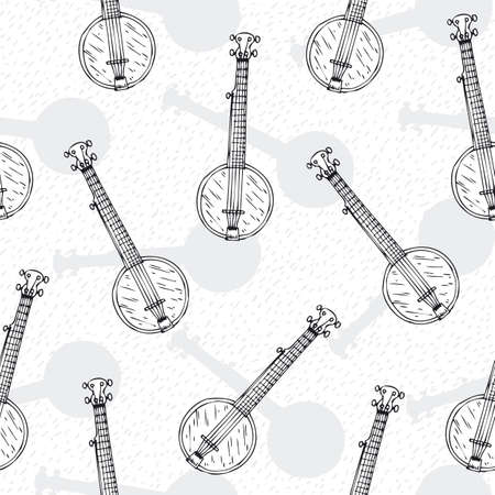 Black and White Seamless Pattern. Black Contours of Banjos on White Backgroundのイラスト素材