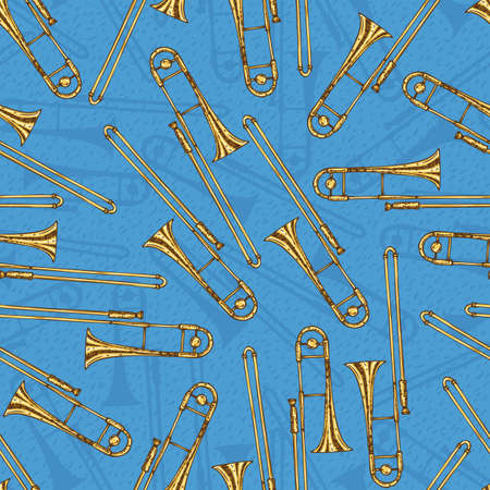 Seamless PatternGolden Trombones on a Blue Backgroundのイラスト素材
