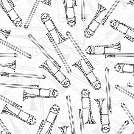 Black and White Seamless PatternGolden Trombones. Black Contours on a White Backgroundのイラスト素材