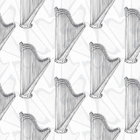 Black and White Seamless Pattern With Harps. Black Contours on a White Backgroundのイラスト素材