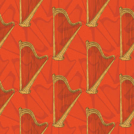 Seamless Pattern With Harps on a Red Backgroundのイラスト素材