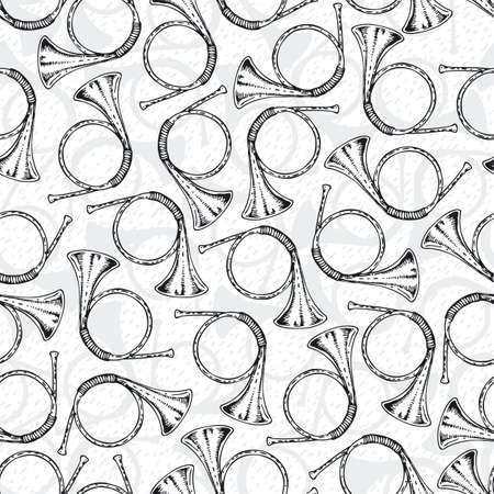 Black and White Seamless Pattern With French Horns. Black Contours on a White Backgroundのイラスト素材
