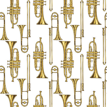 Seamless Pattern. Brass Trumpets and Trombones on a White Backgroundのイラスト素材