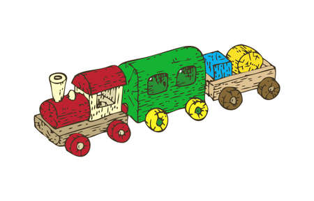 Wooden Train with Two Linking Cars. Isolated on White backgroundのイラスト素材