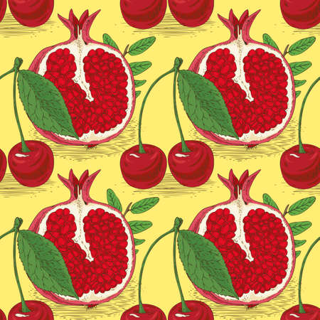 Seamless Pattern with Cherries and Pomegranates