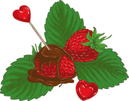 Ripe Red Chocolate Covered Strawberries with Red Hearts on White Backgroundのイラスト素材
