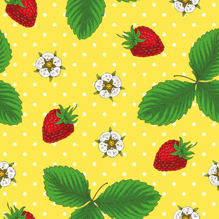 Seamless vector Pattern with Ripe Red Strawberry, Green Leaves and Flowers on Yellow Background with White Dotsのイラスト素材