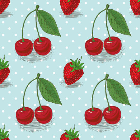 Seamless Pattern with Hand Drawn Strawberry and Cherry on a Blue Background with White Dotsのイラスト素材