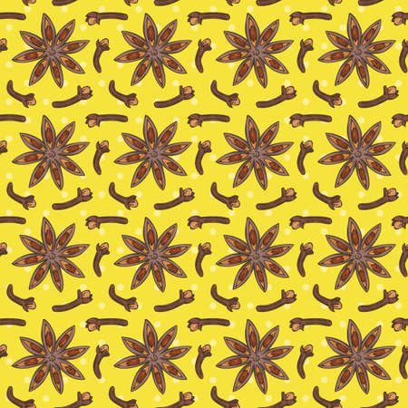 Seamless Vector Pattern with Clove and Star Anise on a Yellow Background. Hand Drawn Illustrationのイラスト素材