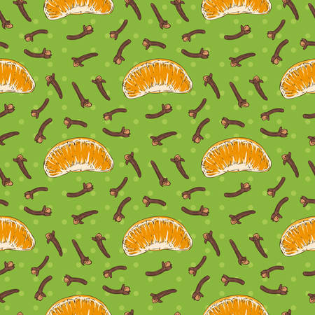 Seamless Pattern with Tangerine Slices and Cloves on a Green Background with Dotsのイラスト素材