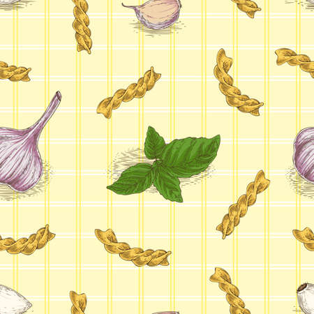 Seamless Vector Pattern with Fusilli, Garlic and Basil on a Yellow Plaid Background.のイラスト素材