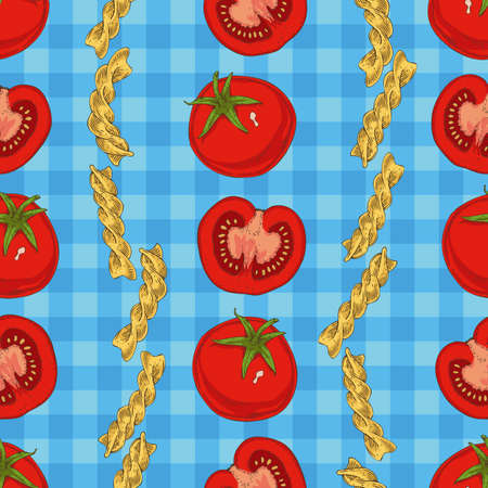 Seamless Vector Pattern with Fusilli and Tomatoes on a Blue Plaid Background. Hand Drawn Illustrationのイラスト素材