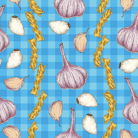 Seamless Vector Pattern with Fusilli and Garlic on a Blue Plaid Background. Hand Drawn Illustrationのイラスト素材