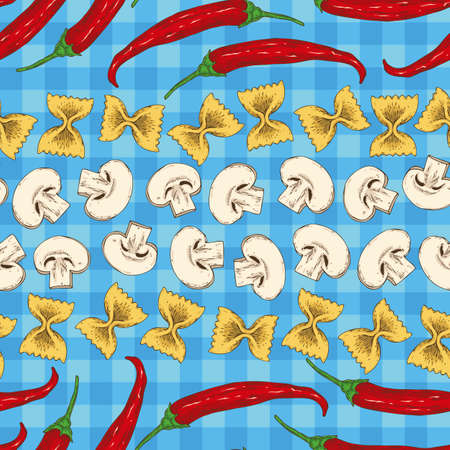 Seamless Vector Pattern with Red Chili Pepper, Pasta and Mushroom Slices on a Blue Plaid Background