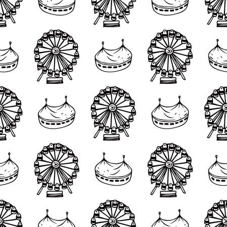 Simple Seamless Pattern with Circus and Ferris Wheel on a White Background. Black and White Line Art. Coloring Bookのイラスト素材