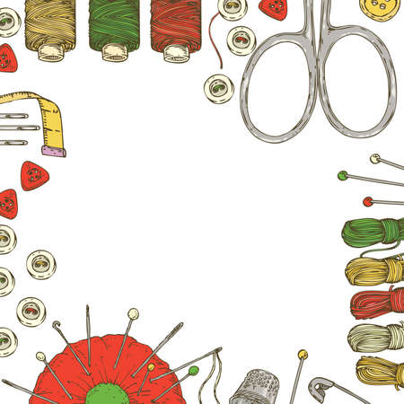 Frame with Sewing Supplies and Accessories. Colorful Hand Drawn Illustrationのイラスト素材