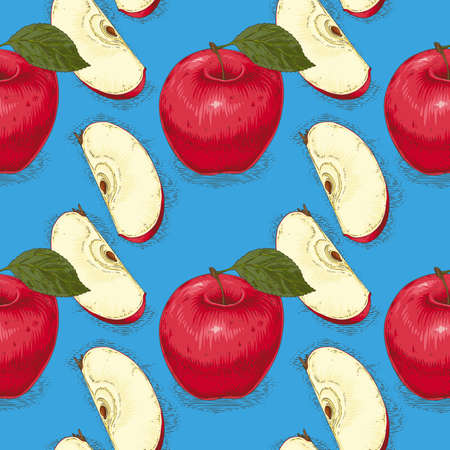 Seamless Pattern with Ripe Red Apples with Leaves and Slices on a Blue Backgroundのイラスト素材