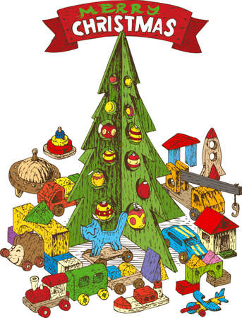 Wooden Christmas Tree with Toysのイラスト素材
