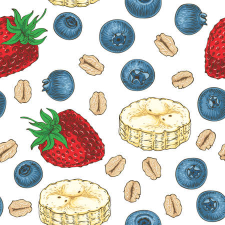Seamless Pattern with Fruits and Oat Flakesのイラスト素材