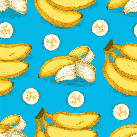 Seamless vector pattern with ripe yellow banana and banana slices on blue background.のイラスト素材