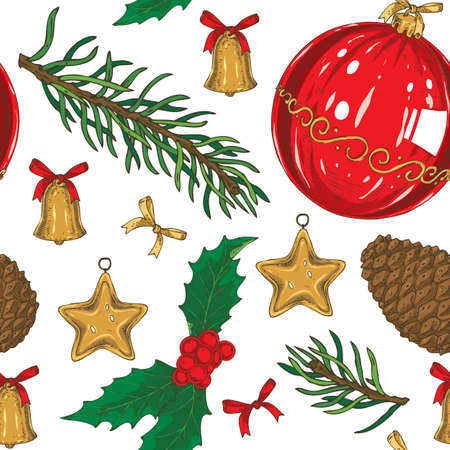 Seamless Christmas Pattern with Brown Pine Cone, Fir Branch, Bows, Toys and Big Red Glass Bauble on a White Backgroundのイラスト素材