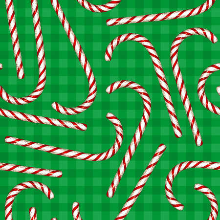 Seamless Pattern with Christmas Candy Cane on a Green Plaid Backgroundのイラスト素材